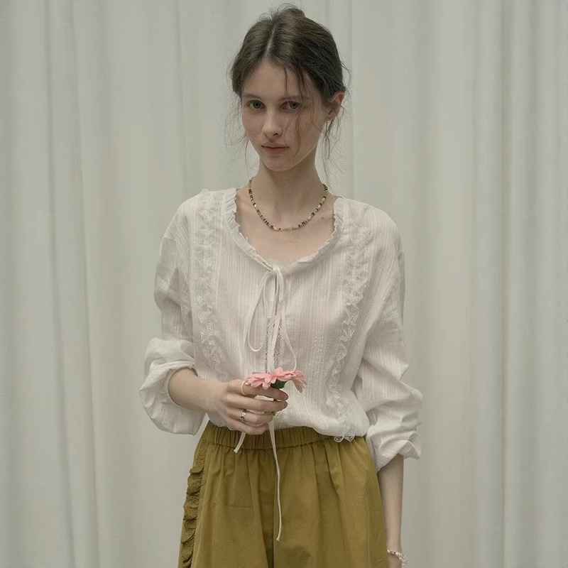 French Lace-Up White Shirt for Women, 2026 Spring Chic and Gentle Style Shirt, Unique and Beautiful Top with a Refined Look French Lace-Up White Shirt for Women, 2026 Spring Chic and Gentle Style Shirt, Unique and Beautiful Top with a Refined Look
