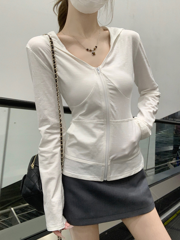运动风v领连帽竹节棉长袖外套女秋季2025新款修身拉链防晒小开衫|undefined