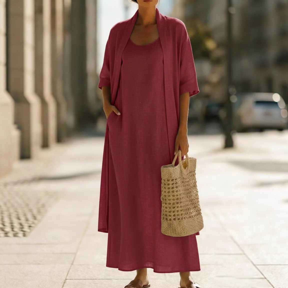 Women's Clothing Women's Simple Loose Comfortable Stylish Cotton Linen Two Piece Dress Early Summer Perfect Clothing_ecoleips.com