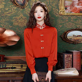 2024复古新中式刺绣盘扣衬衫女长袖新款国风红色衬衣立领汉服上衣