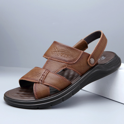Summer new first-layer cowhide men's casual beach shoes middle-aged and elderly genuine leather slippers open-toed dad sandals on behalf of