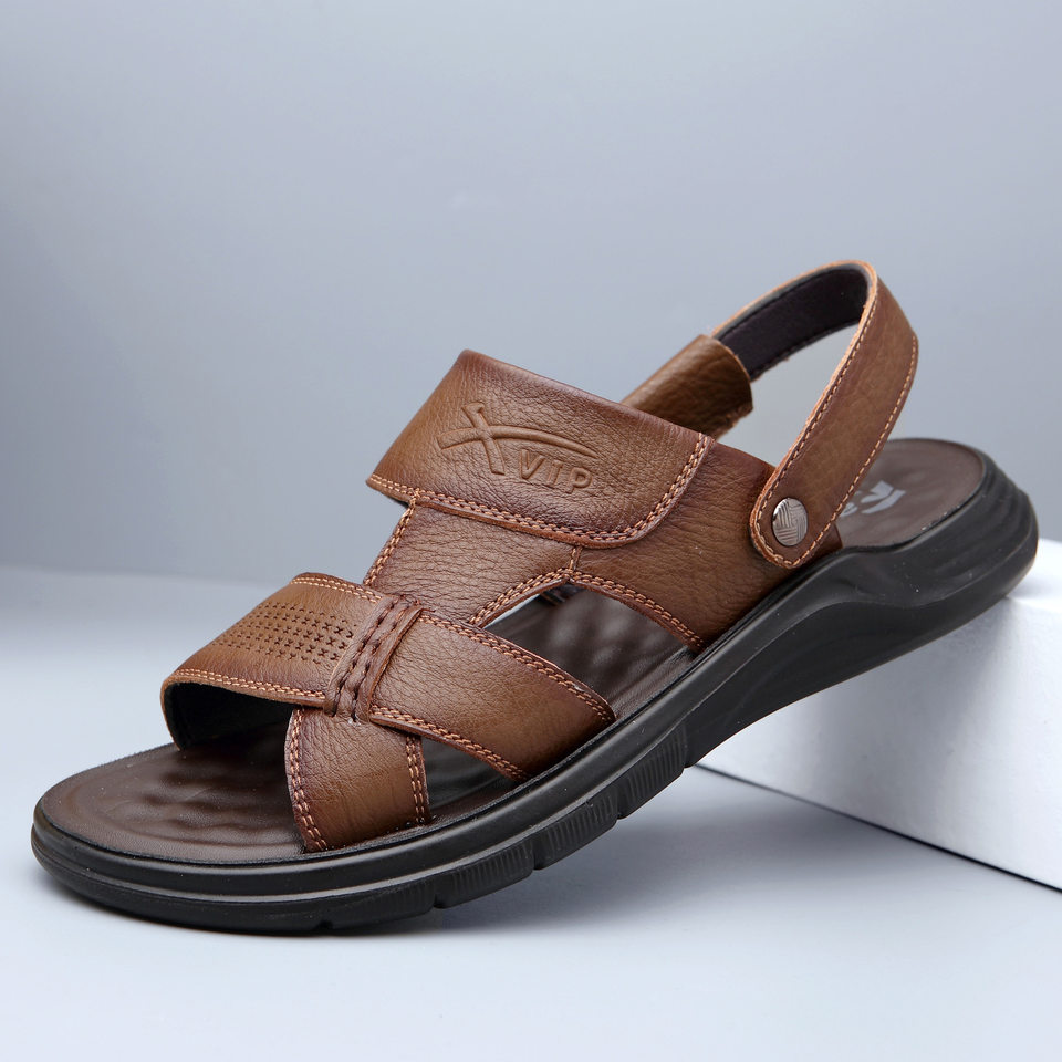 Dép sandal nam da bò hở ngón gót bằng 2,5 cm thoáng khí chống trượt — Kaki, Màu đen