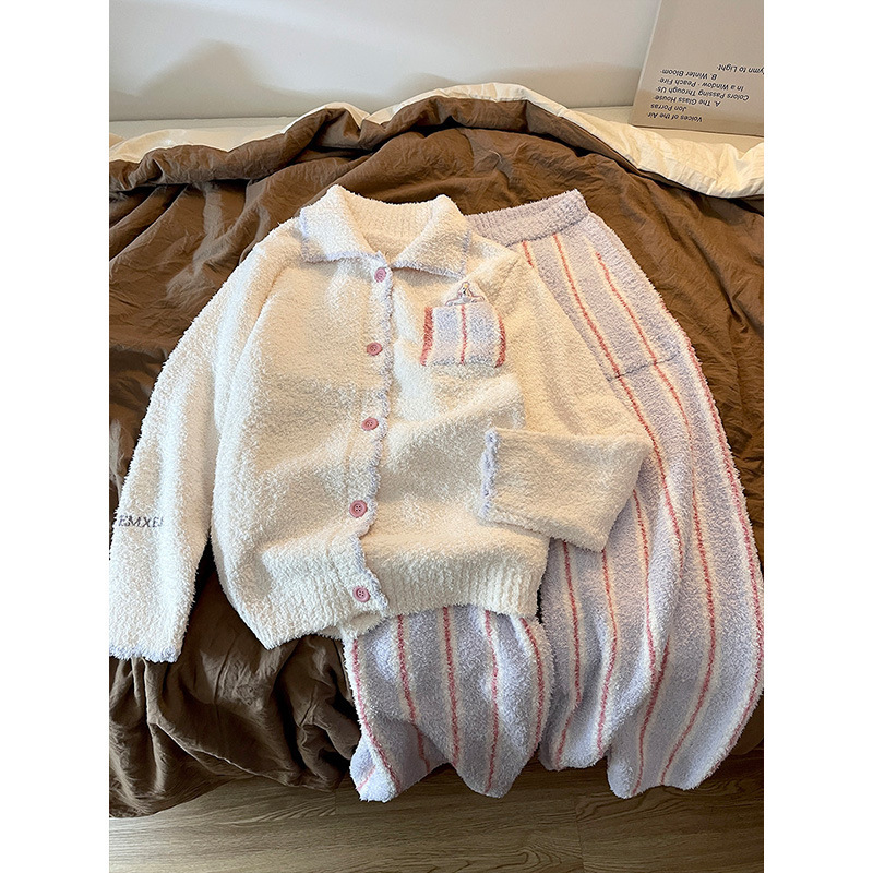 Korean-style sweet cartoon knitted fleece pajamas for women, new autumn and winter thickened warm home wear set, can be worn outside