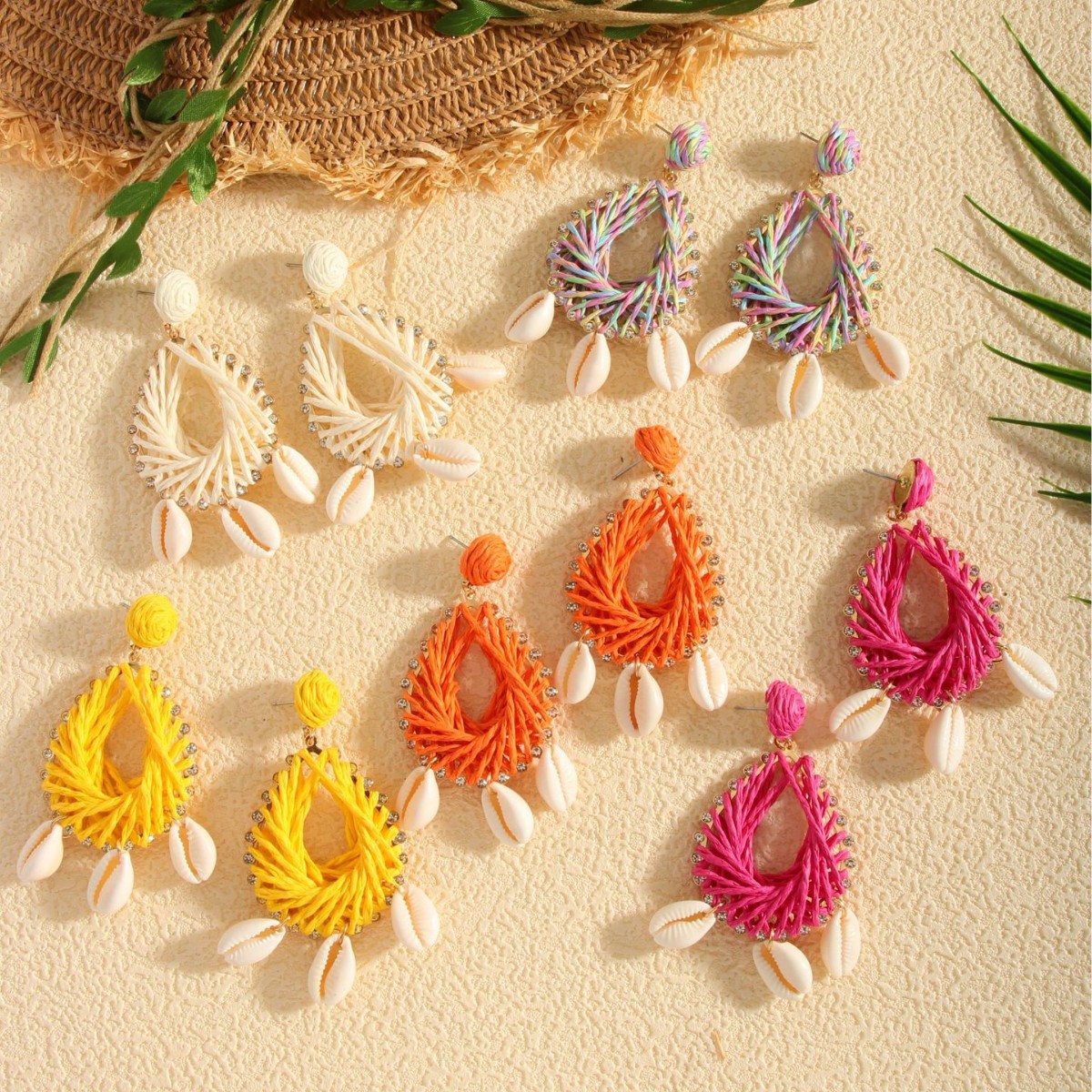 Bohemian Raffia Shell Earrings Geometric Ocean Style Beach Jewelry_voghion.com