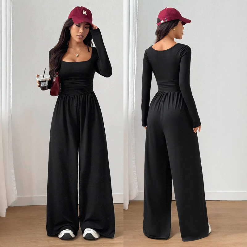 2026 New Style Square-Neck Long-Sleeve Jumpsuit for Women, Waist-Cinching Wide-Leg Pants, European and American Ins-Style Casual Jumpsuit, High-Waisted