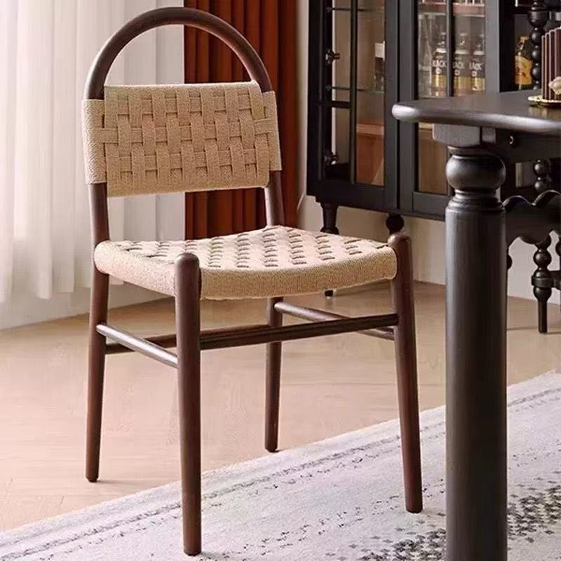 French-Style Vintage Vivian Dining Chair with Rope Weaving, Solid Wood Chair for Home Use, Retro Living Room Woven Backrest Leisure Chair