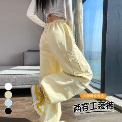 现货现货美式工装裤女2025秋季新款高腰阔腿束脚两穿休闲运动裤