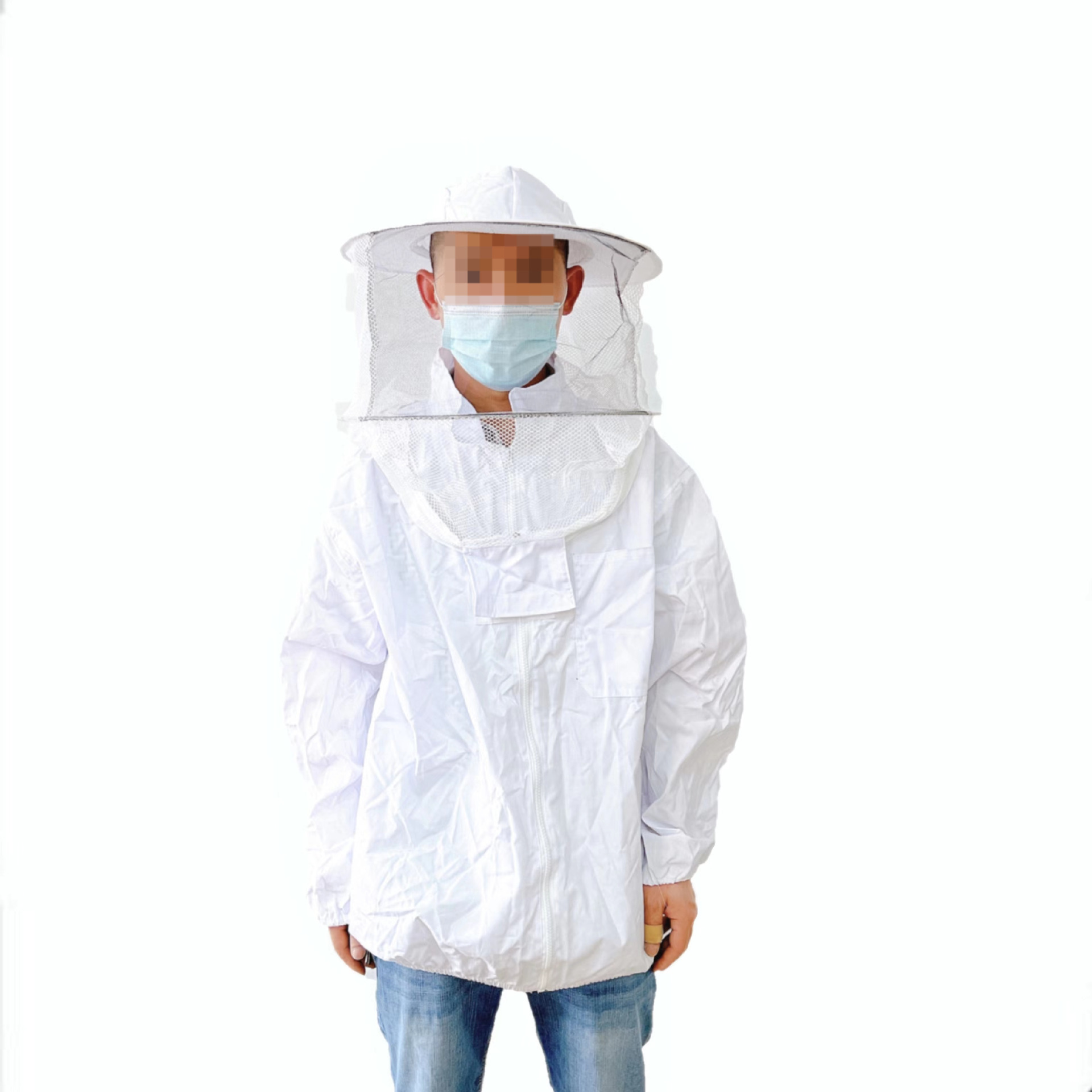 白色半身圆帽开胸拉链防蜂服 透气面网 养蜂工具防护系列批发出口