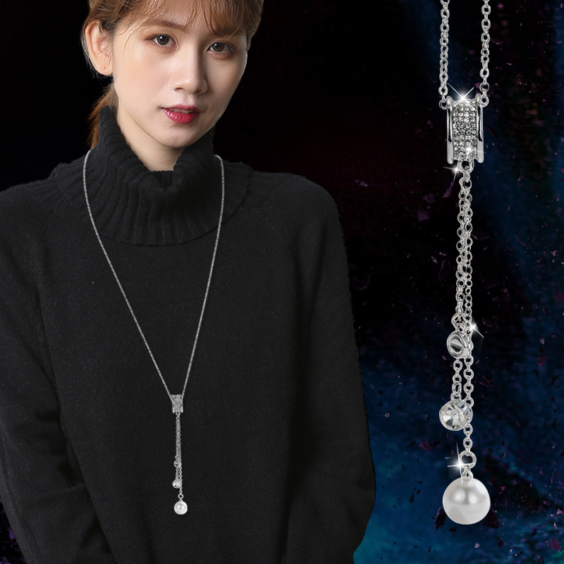 Otoño e invierno ligero estilo de lujo suéter Cadena de alto grado de las mujeres todo partido largo borla collar perla colgante accesorios al por mayor