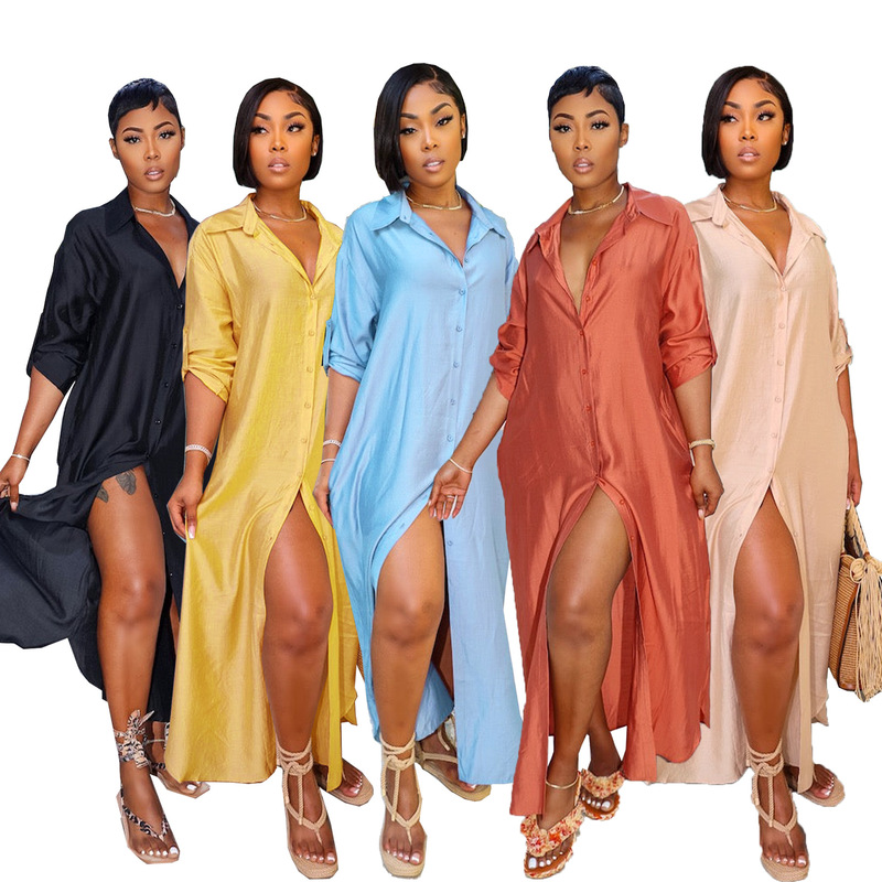 Tw489 European and American Fashion Independent Station Supply Fashion Slit Satin Loose Casual Shirt Dress Cross-Border Amazon
