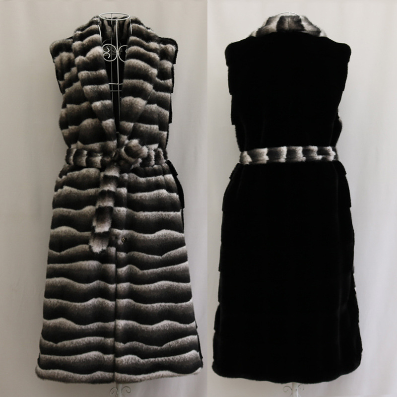 New Women's Fur Outwear Mink Fur Long Outwear Winter Warm Large Lapel Zebra Belt Large Size Vest