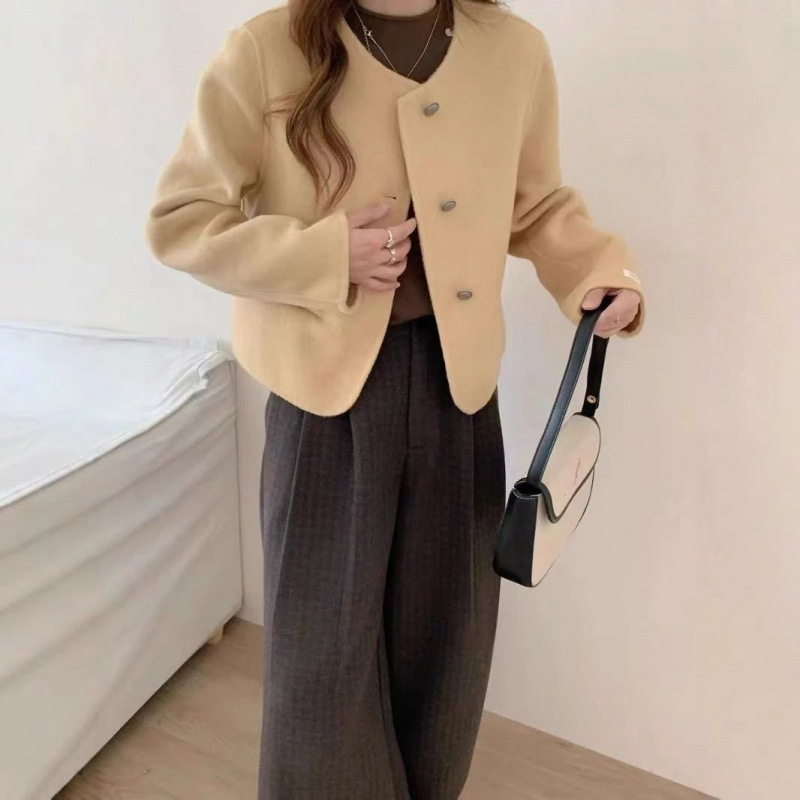 2025年小香风马卡龙色系羊绒大衣女短款气质韩版圆领羊毛外套|undefined