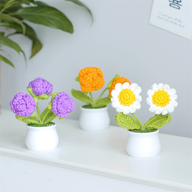 新款手工針織玫瑰花盆栽成品毛線仿真花向日葵擺件節日禮品擺攤