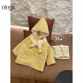 柠里女童加绒加厚外套冬装宝宝连帽摇粒绒保暖棉服儿童精灵帽上衣