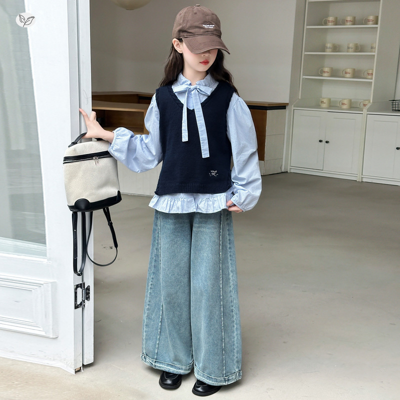 女童牛仔裤套装2025秋季新款开叉毛线马甲衬衫阔腿裤直筒裤三件套|undefined