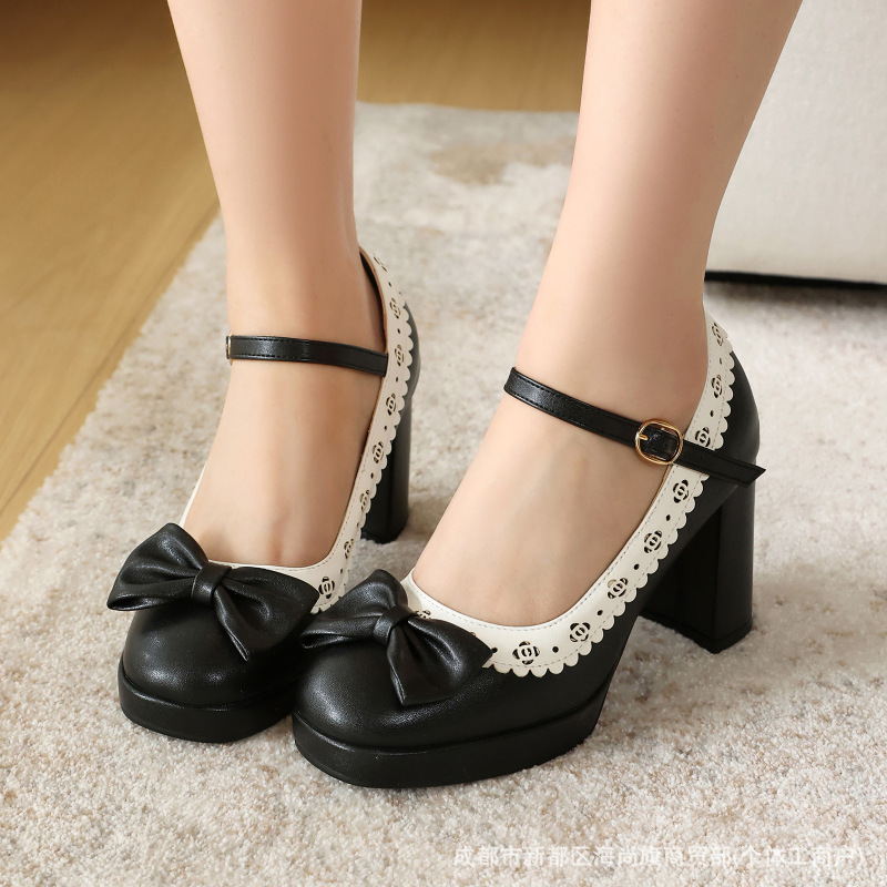 New Foreign Trade Women's Shoes, Round-Toe Waterproof Platform, Cute Lolita Style, Chunky High Heels, European and American Large Size High Heels, Fashionable for Commuting