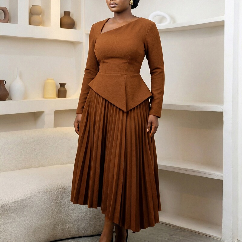 D617 European and American cross-border women's clothing 2026 spring new elegant style asymmetrical collar high-waisted mid-length foreign trade dress D617 European and American cross-border women's clothing 2026 spring new elegant style asymmetrical collar high-waisted mid-length foreign trade dress