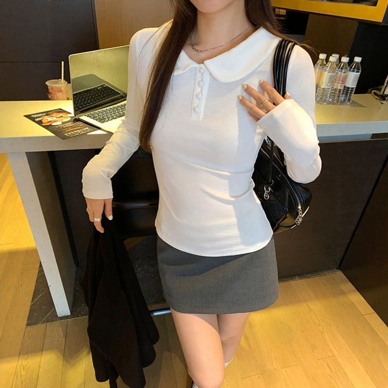 Polo collar, straight shoulder, white long-sleeve T-shirt for women, 2026 early autumn new model, college style, versatile, slim-fit, slimming top