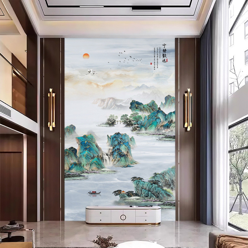 New Chinese-Style Duplex Tv Background Wall Mural with Grand Landscape Wall Covering for Villa's Open-Air Living Room