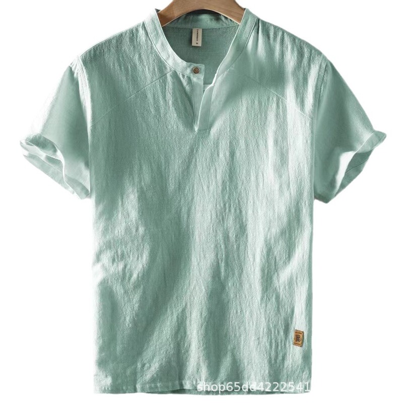 Factory Customized Men's T-Shirt Summer New Retro Cotton and Linen Short-Sleeved T-Shirt Linen Chinese Style Short-Sleeved Stand-Up Collar Shirt