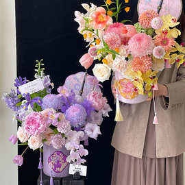 520母亲节中国风布艺刺绣抱桶花束鲜花插花桶diy创意鲜花包装批发