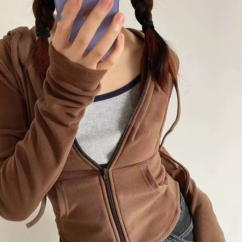 德绒辣妹风连帽开衫卫衣外套女春秋季修身收腰显瘦长袖短款上衣潮