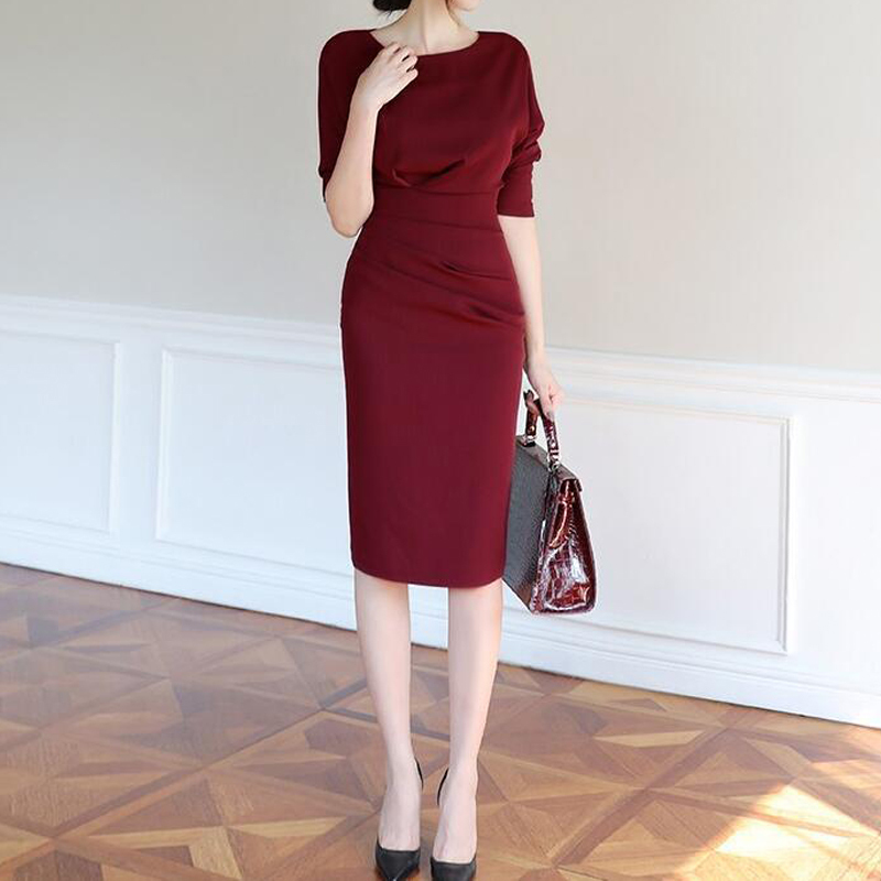 Dongzhou spot wrinkle slim dress spring and autumn seven-point sleeve temperament slim professional OL solid color hip mid-length dress Dongzhou spot wrinkle slim dress spring and autumn seven-point sleeve temperament slim professional OL solid color hip mid-length dress