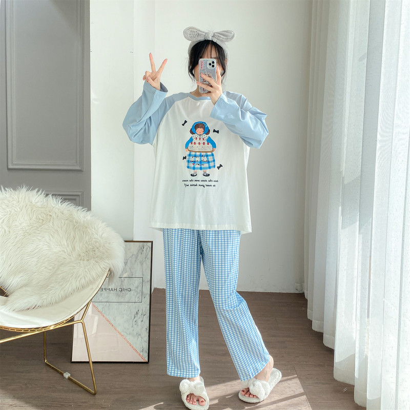 Long-Sleeved Pajamas for Women Spring & Fall Sweet Raglan Sleeves Cute Cartoon Doll Home Clothes Plus Size Fat mm 100kg Set