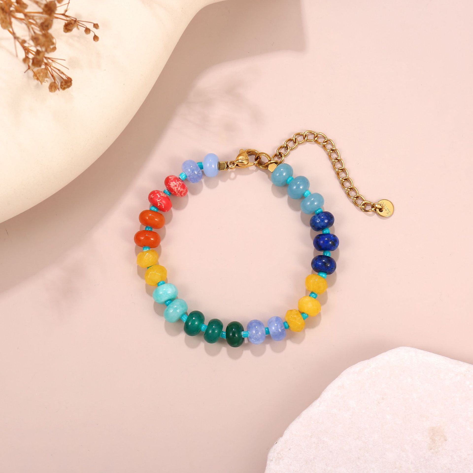 All Seasons Season Simple Style Round 304 Stainless Steel Natural Stone Beaded Bracelets Wholesale