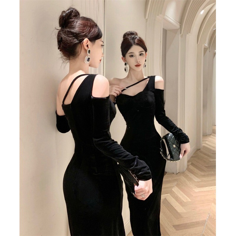 Hepburn Style Light Luxury Birthday Evening Party Dress Usually Wearing Elegant Shoulder Sexy Gold Velvet dress Women