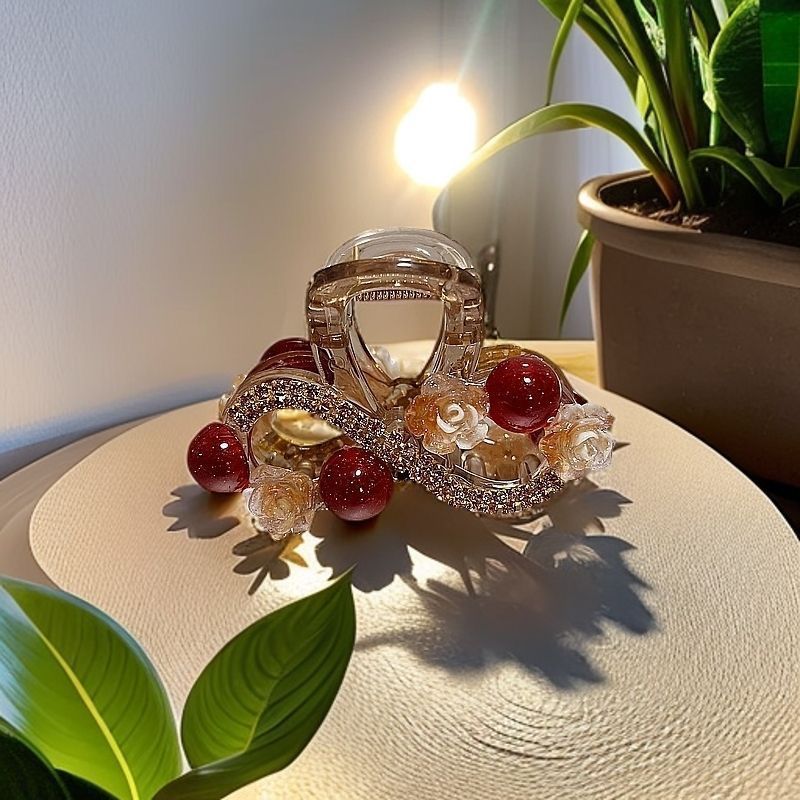 New rhinestone beads flower 6cm medium grip clip back head foreign style hair clip fashion half shark clip