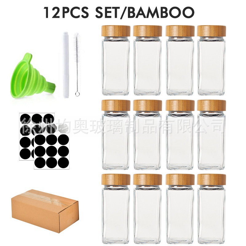 Botella de condimento de tapa de bambú cuadrada, botella pequeña, 24 botellas de condimento, cocina, conjunto completo de caja de condimento de vidrio de acacia, lote