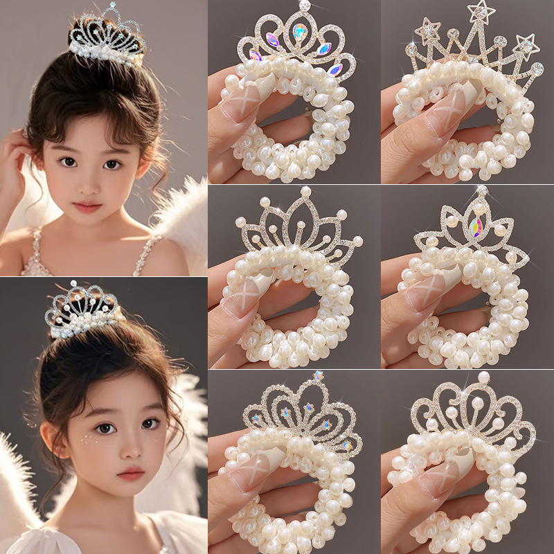 Children's Pearl Princess Crown Hairband Baby High Elastic Ball Hair Rope Girls Hairband Rubber Band Flower Headband