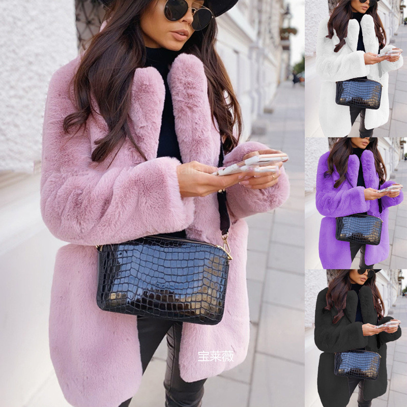 European and American Temperament Commuter Long Sleeve Lapel Faux Fur Jacket Solid Color Warm plus size Coat Women's Fur Fur Women's Clothing