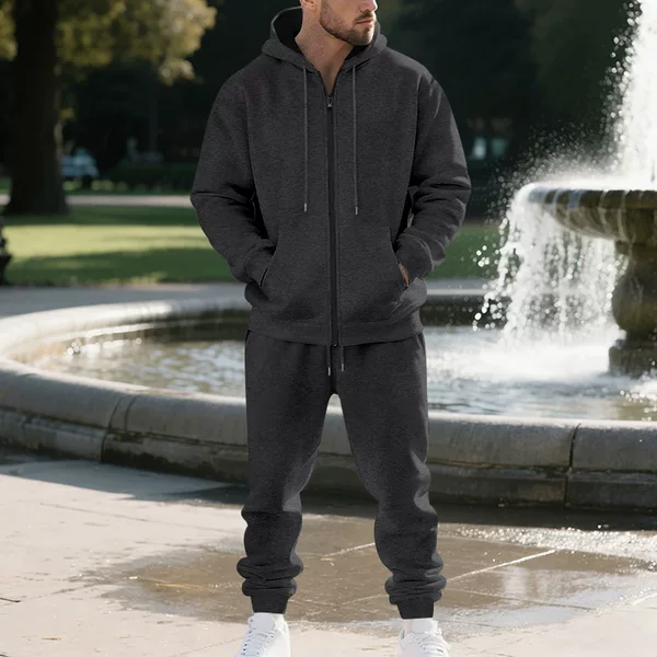 Cross-Border Independent Site Tk Autumn and Winter Men's Heavyweight Solid Color Fleece-Lined Zip-Up Long-Sleeve Hooded Sports Sweatshirt Set