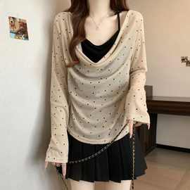 大码春季波点荡领吊带假两件长袖恤女春季新款胖遮肚藏肉上衣