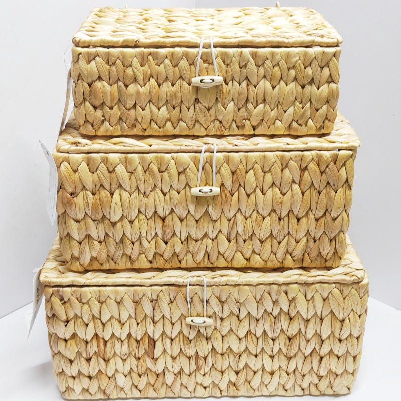 Customized Rectangular Straw Water Hyacinth Basket Storage Box Three-Piece Set Woven Storage Basket Organizer Box