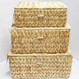 跨镜货源长方形草编水葫芦篮收纳箱三件套结实耐用带盖整理箱定制