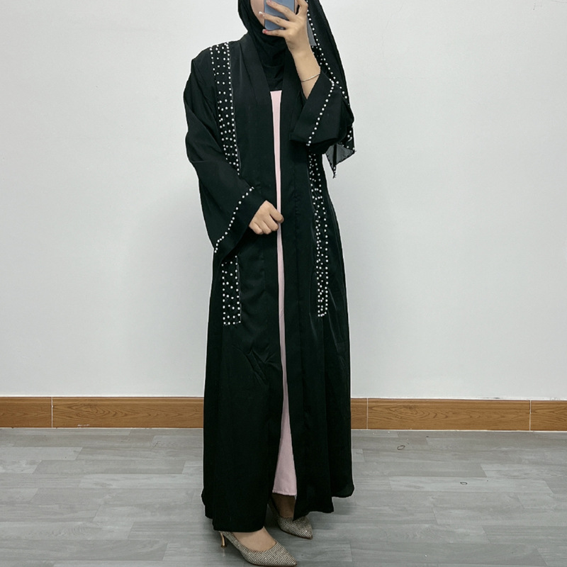 F326 Cross-Border Foreign Trade Middle Eastern Women's Long Dress, Dubai Pearl Embellished Elegant Cardigan Robe,_ecoleips.com