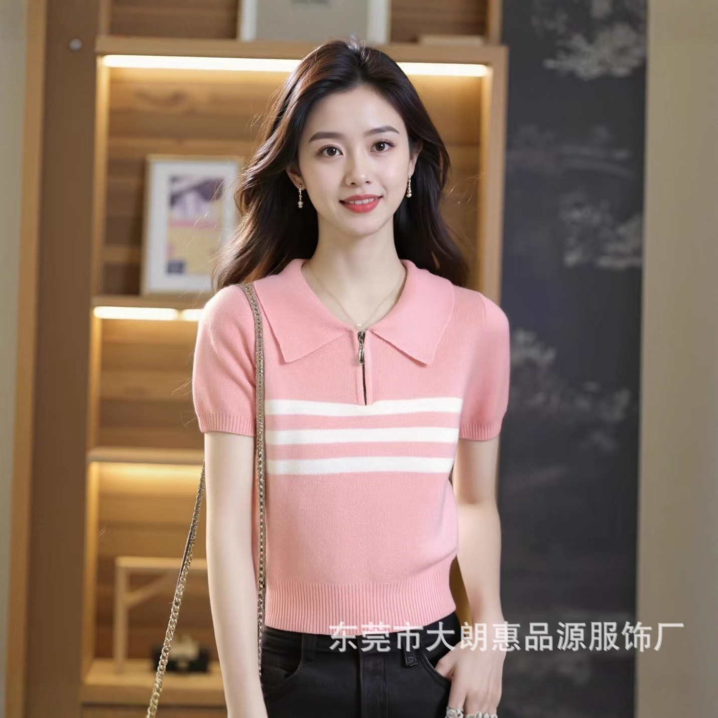 夏季韩版设计感半拉链短袖针织衫女气质显瘦百搭短款领上衣潮