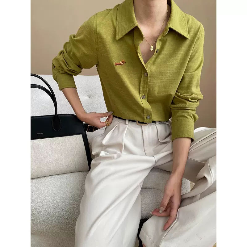 司南 时髦博主风 腊肠小狗刺绣翻领亚麻长袖衬衫早秋新款 SN6992