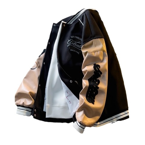 Autumn/Winter Color-blocking American Embroidery Leather Sleeve Jacket for Men, Korean Style Fashion Baseball Jacket, Fall Outfit Casual Student Jacket