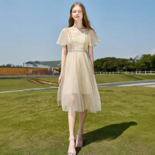 一手货源【佳人苑】品牌专柜撤柜！钉珠！花边网纱亮片连衣裙25夏