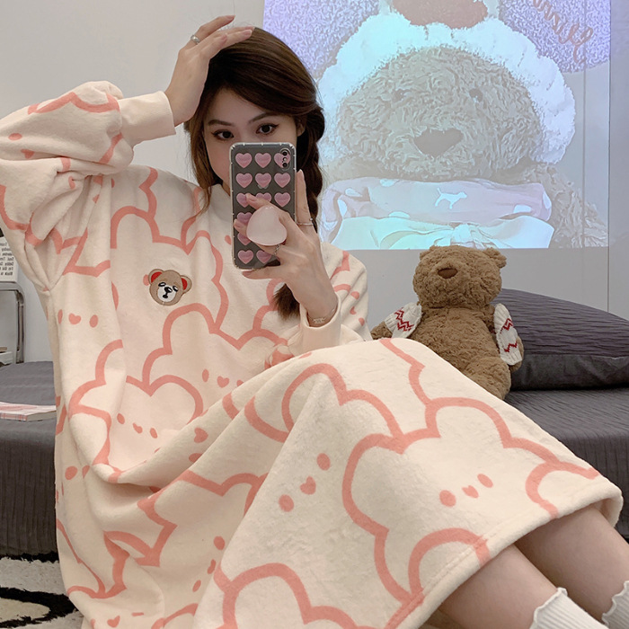Pijamas de mujeres otoño invierno de franela lindo dibujo animado 2024 nuevo coral de lana gruesa falda cálida ropa para el hogar