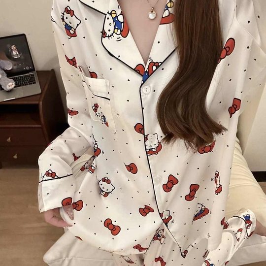 Bowknot kitty cat Korean style ins cute pajamas women's spring and autumn new long sleeve trousers home clothes can be worn outside