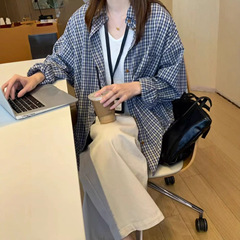 韩系慵懒风复古蓝色格子长袖衬衫女2025秋季新款休闲棉质上衣衬衣