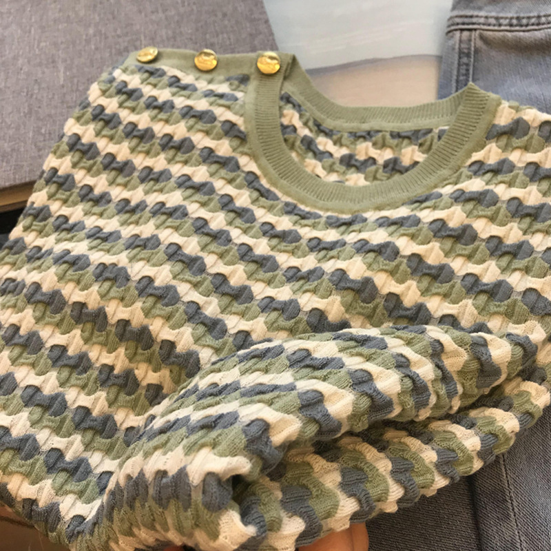 Heavy recommend! Export to northern Europe! Comfortable bubble texture ~ shoulder buckle jacquard wave pattern short sleeve sweater Heavy recommend! Export to northern Europe! Comfortable bubble texture ~ shoulder buckle jacquard wave pattern short sleeve sweater