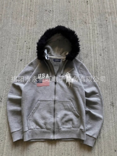 外贸厂家直销美式水洗个性长袖连帽卫衣日系潮流高级感毛领外套男|undefined