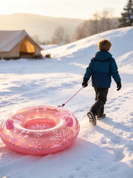 Cross-border new pink printed inflatable snow ring, thickened PVC, wear-resistant, with handle and pull rope, adult snow ring