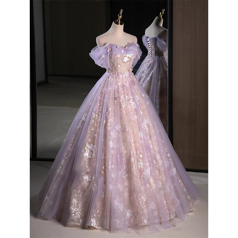 Vestido de noche femenino de alto nivel de música vocal estudiante bar mitzvah púrpura princesa fugitiva compromiso vestido brindis novia